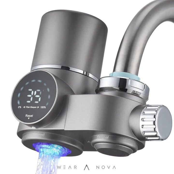 Faucet Water Filter for Sink 13-stage activated carbon cartridge LED life display hydro-powered UV blue light on chrome faucet