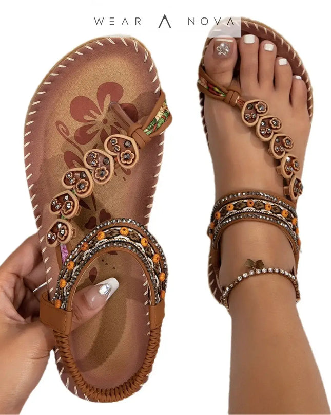 Bohemian Thong Sandals Summer Fashion Flowers Flat Beach Shoes For Women  Shoes