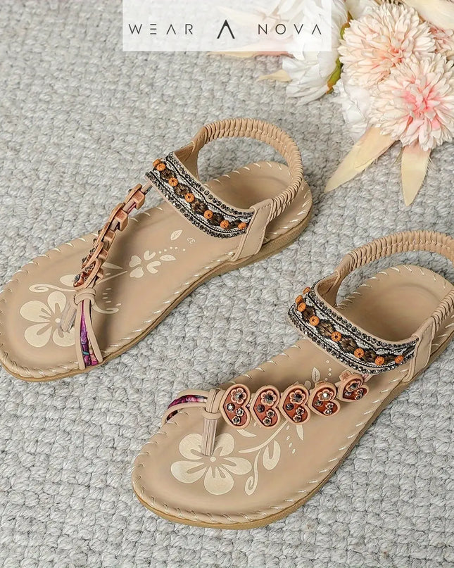 Bohemian Thong Sandals Summer Fashion Flowers Flat Beach Shoes For Women  Shoes Apricot-44