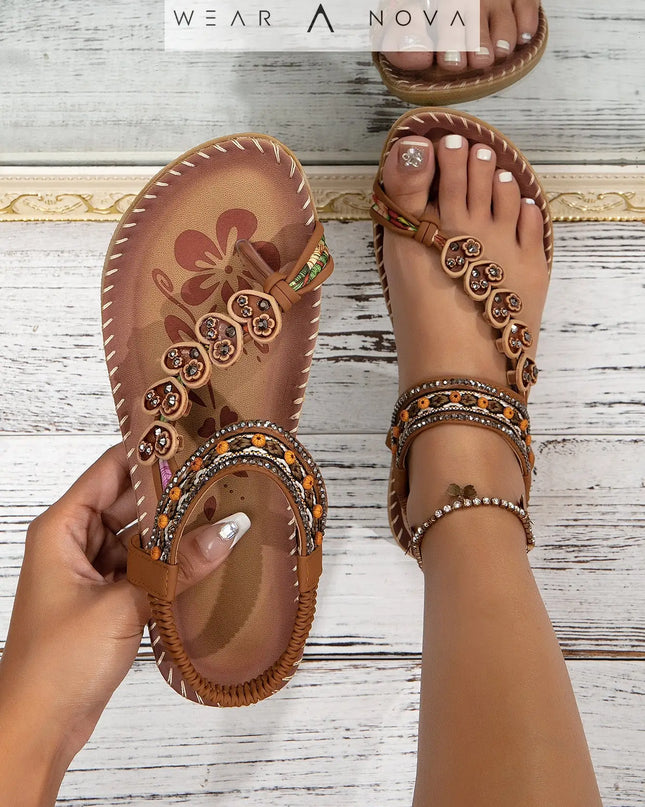 Bohemian Thong Sandals Summer Fashion Flowers Flat Beach Shoes For Women  Shoes Caramel-Color-44