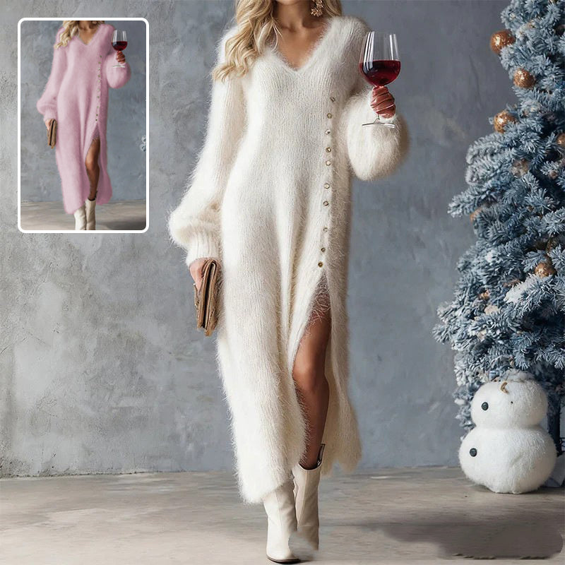 Chic Split Knitted Dress With Buttons Design Winter V-Neck Fleece Maxi Dresses Evening Party Club Fashion Women's Clothing  Chic Split Knitted Dress NewEraWear