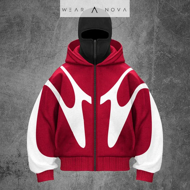 Double Hooded Sweater Unisex  with Graphic Design for Winter  Hooded Unisex Red-And-White-XXL