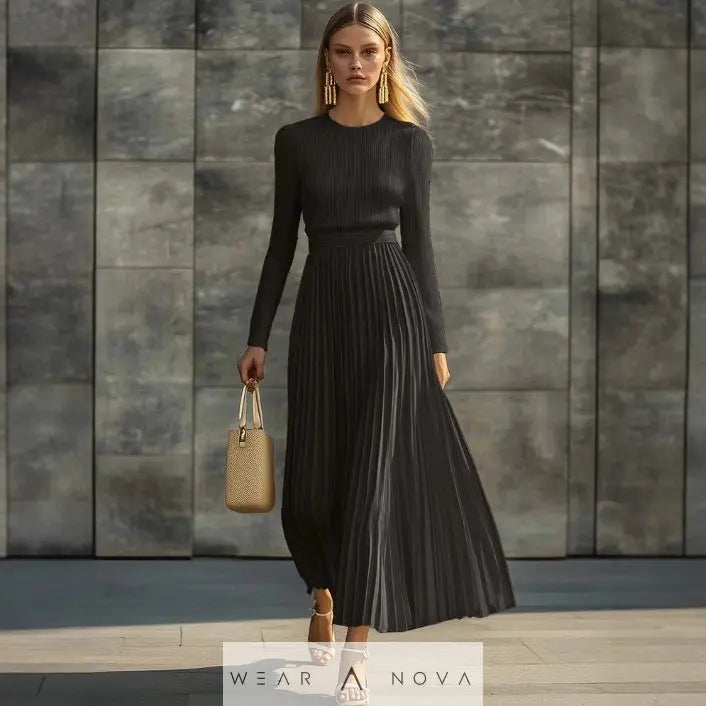 Elegant Casual And Comfortable Long-sleeve Satin Knit Pleated Maxi Dress  Elegant Dress NewEraWear