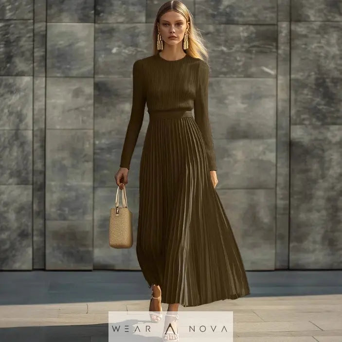 Elegant Casual And Comfortable Long-sleeve Satin Knit Pleated Maxi Dress  Elegant Dress NewEraWear