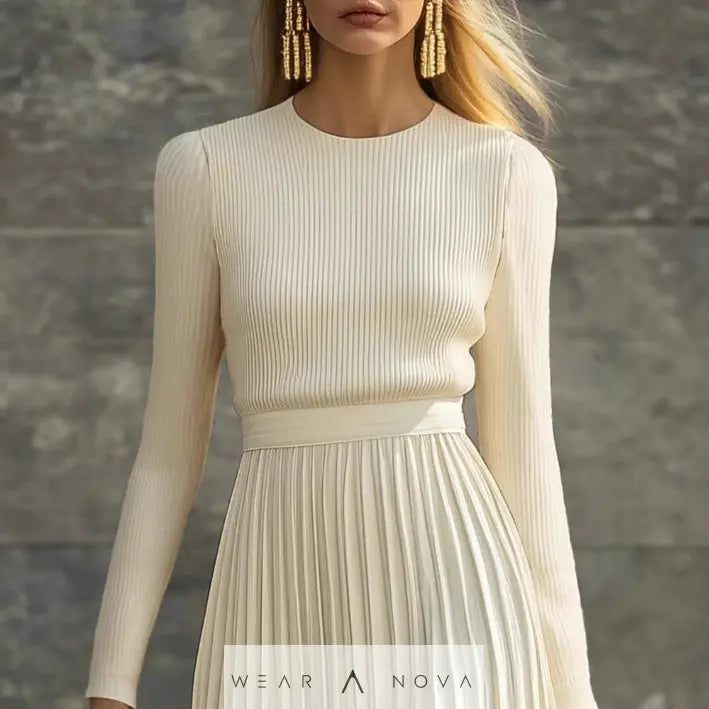 Elegant Casual And Comfortable Long-sleeve Satin Knit Pleated Maxi Dress  Elegant Dress NewEraWear