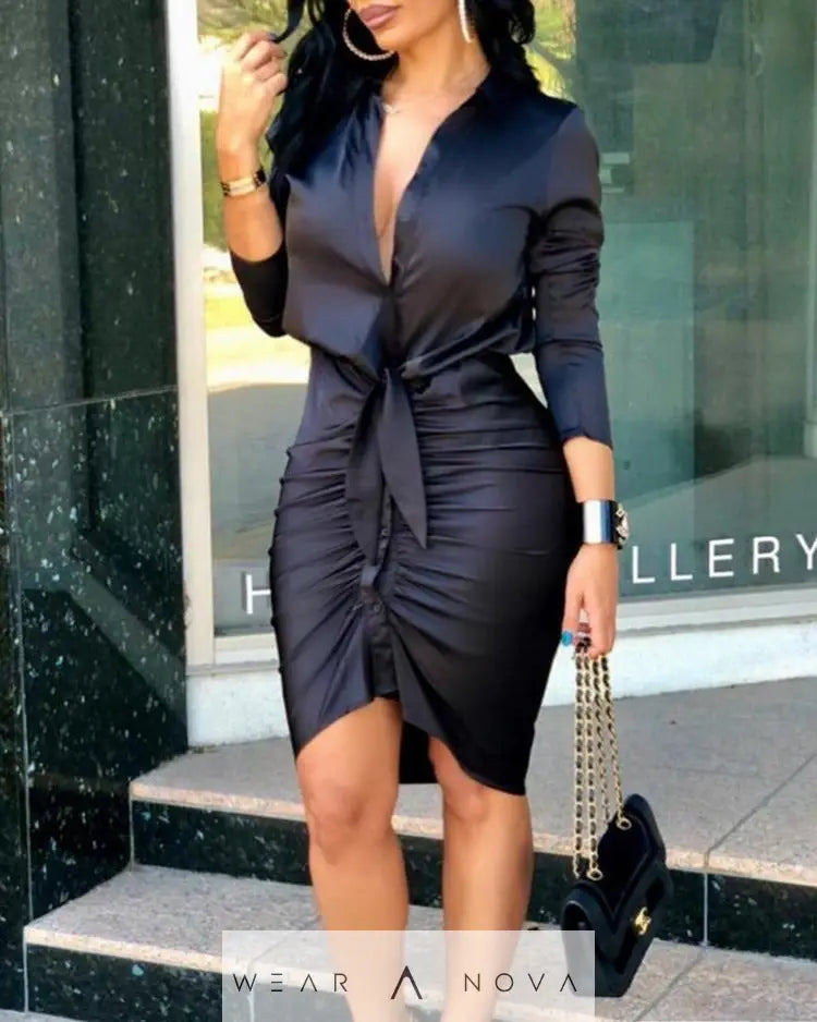 Elegant Fashion Women’s Lace-up Midi Dress - Solid Color Long Sleeve Shirt Dress for Party  dress elegant 