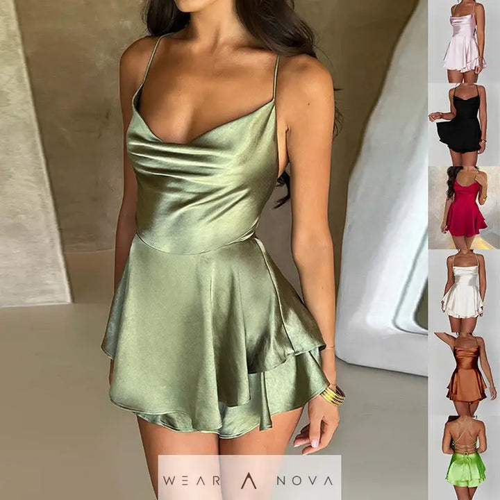 Elegant Femme Sexy Satin Suspender Skirt - Backless Lace-Up A-Line Short Dress for Confident Women  Dress Elegant 