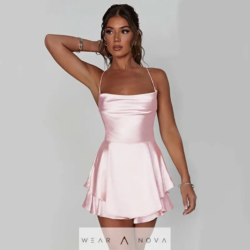 Elegant Femme Sexy Satin Suspender Skirt - Backless Lace-Up A-Line Short Dress for Confident Women  Dress Elegant 