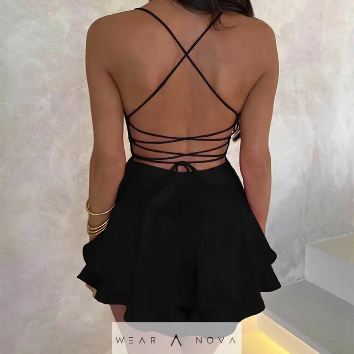 Elegant Femme Sexy Satin Suspender Skirt - Backless Lace-Up A-Line Short Dress for Confident Women  Dress Elegant 