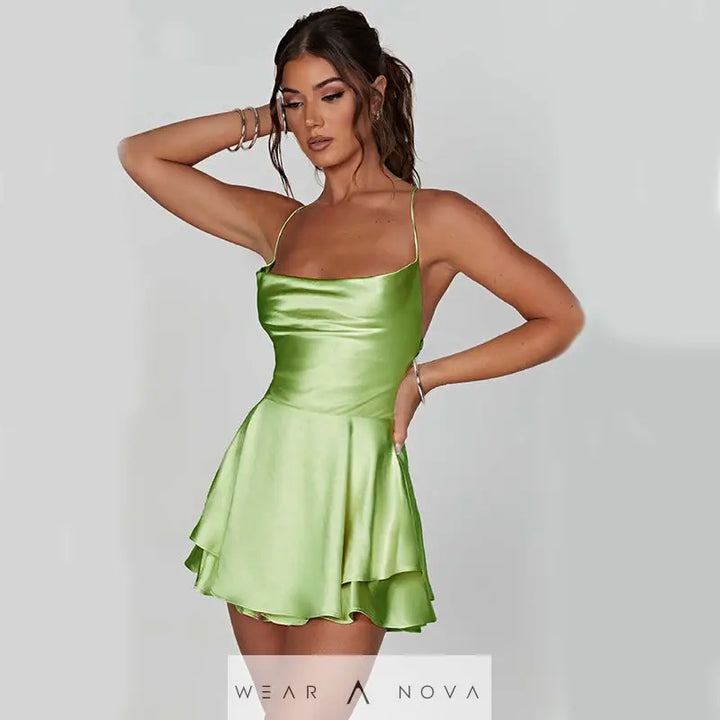 Elegant Femme Sexy Satin Suspender Skirt - Backless Lace-Up A-Line Short Dress for Confident Women  Dress Elegant 