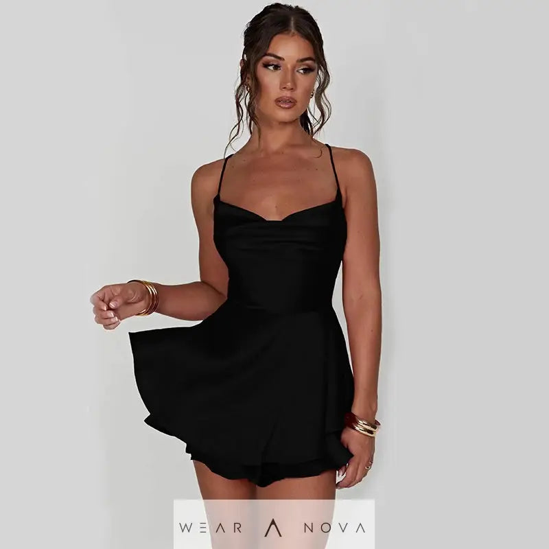 Elegant Femme Sexy Satin Suspender Skirt - Backless Lace-Up A-Line Short Dress for Confident Women  Dress Elegant 