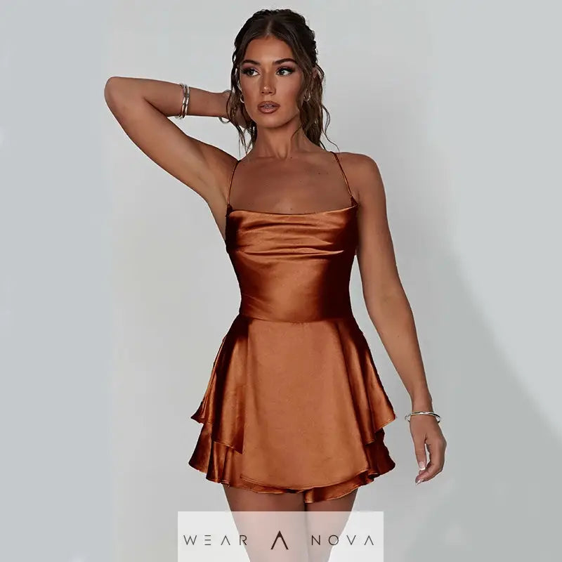 Elegant Femme Sexy Satin Suspender Skirt - Backless Lace-Up A-Line Short Dress for Confident Women  Dress Elegant 