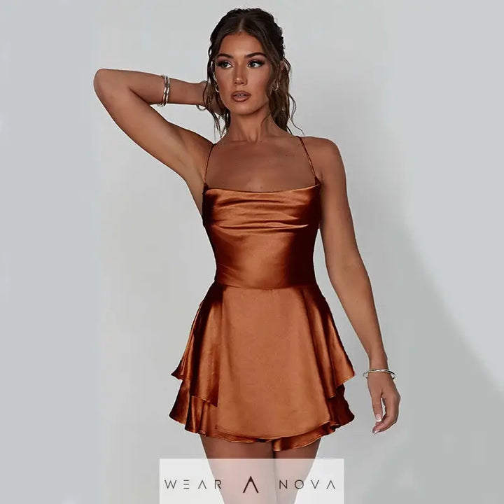 Elegant Femme Sexy Satin Suspender Skirt - Backless Lace-Up A-Line Short Dress for Confident Women  Dress Elegant 