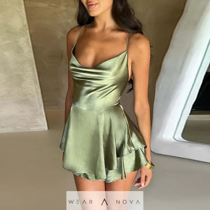 Elegant Femme Sexy Satin Suspender Skirt - Backless Lace-Up A-Line Short Dress for Confident Women  Dress Elegant 