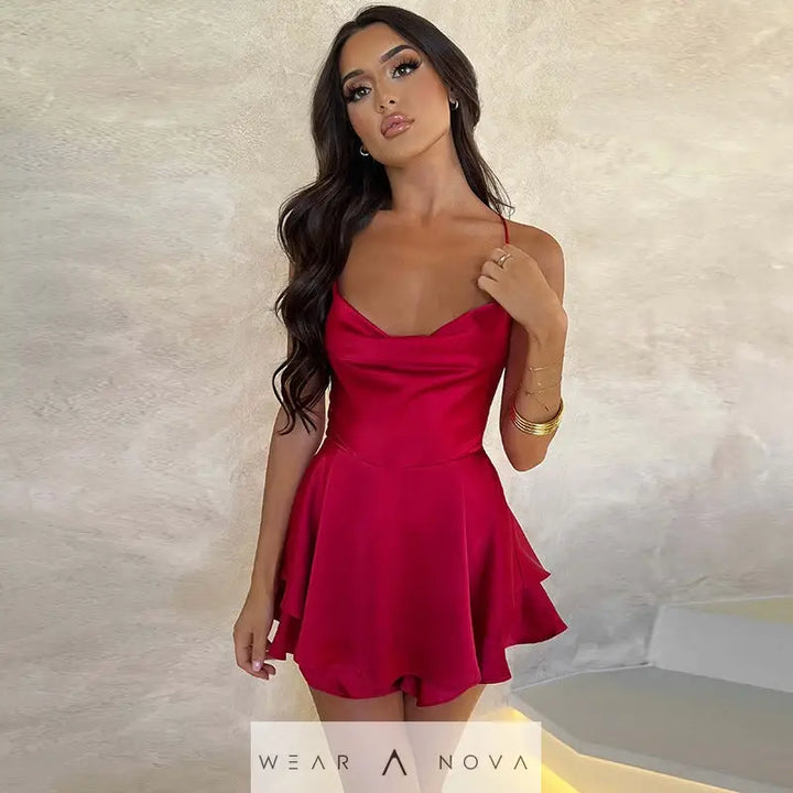 Elegant Femme Sexy Satin Suspender Skirt - Backless Lace-Up A-Line Short Dress for Confident Women  Dress Elegant 