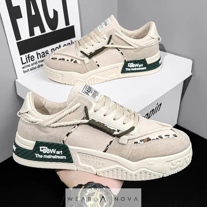 Men's canvas thick-soled casual sneakers beige green with sewn rubber sole and round toe