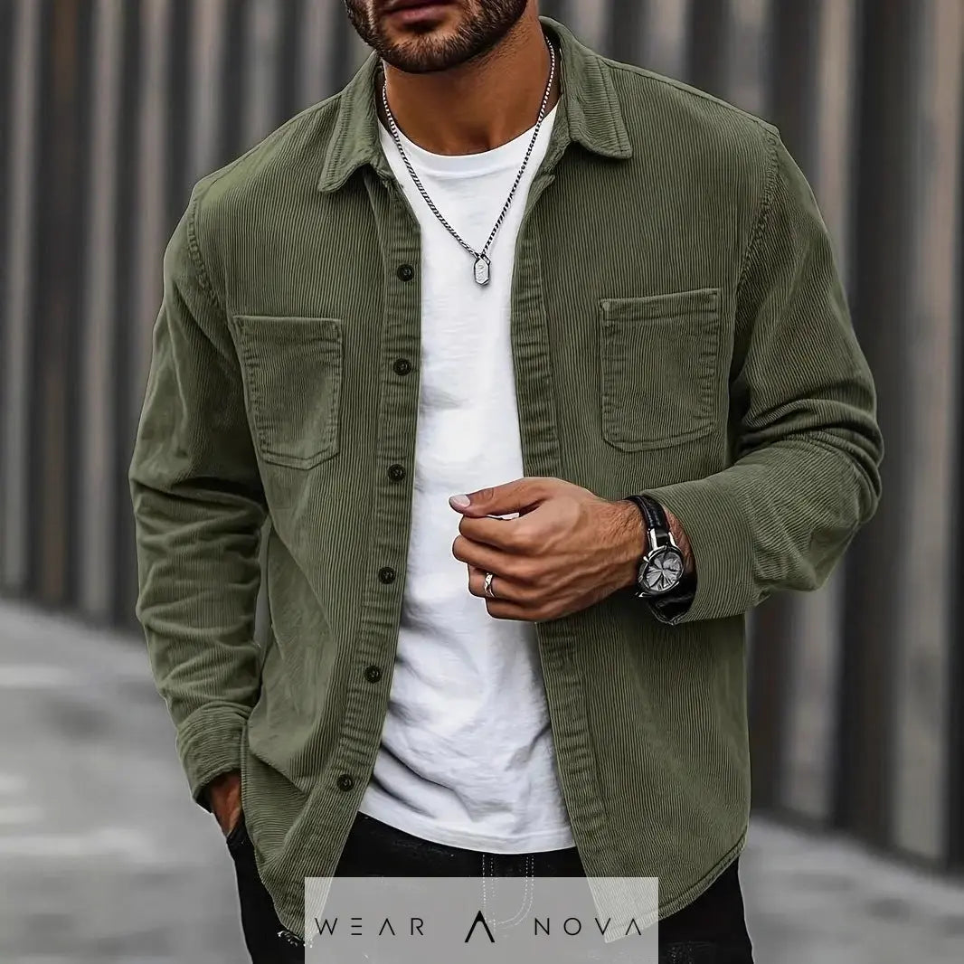Men's polyester corduroy button jacket olive green front buttons chest pockets regular fit