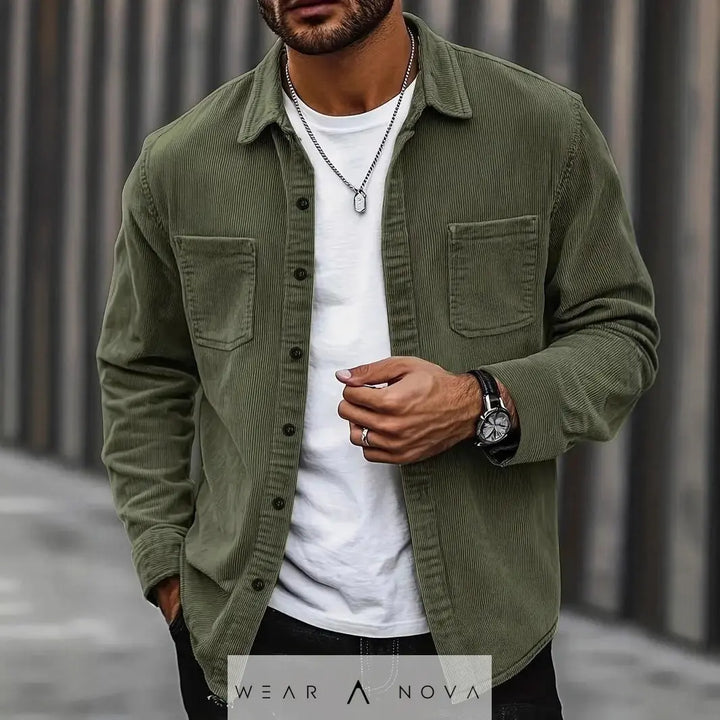 Men's polyester corduroy button jacket olive green front buttons chest pockets regular fit