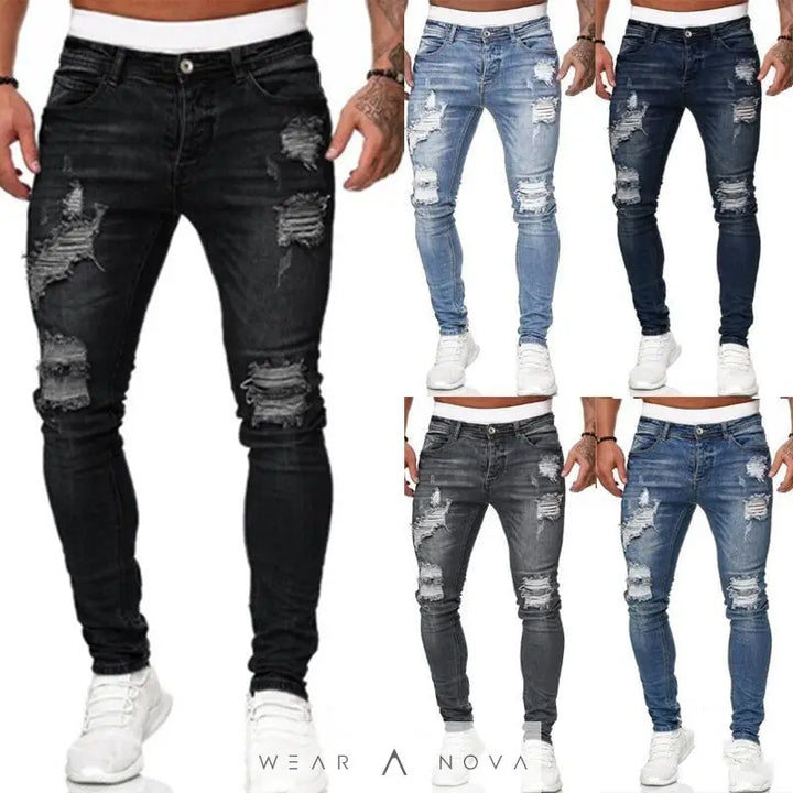 Fashion Street Style Ripped Skinny Jeans Men Vintage Wash Solid Denim Trouser Mens Casual Slim Fit Pencil Denim Pants  Jeans Man 