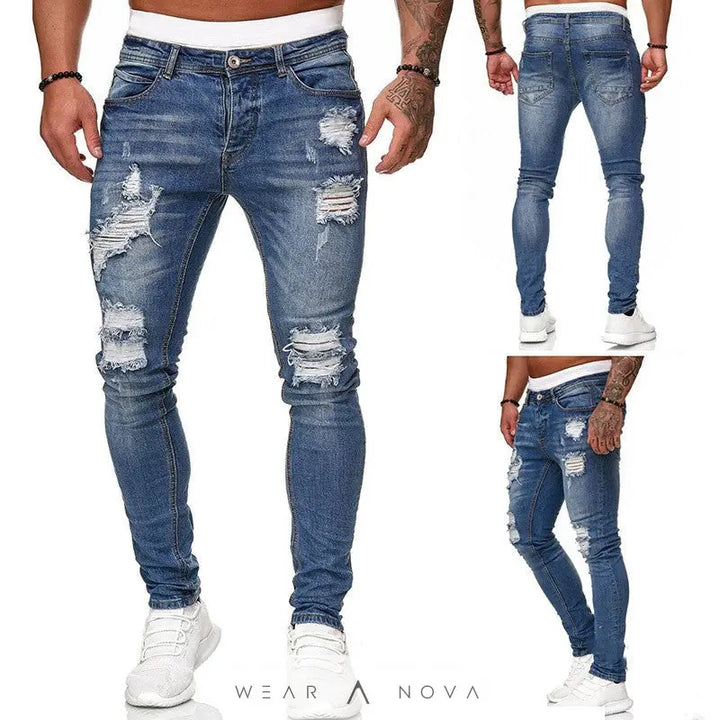 Fashion Street Style Ripped Skinny Jeans Men Vintage Wash Solid Denim Trouser Mens Casual Slim Fit Pencil Denim Pants  Jeans Man 