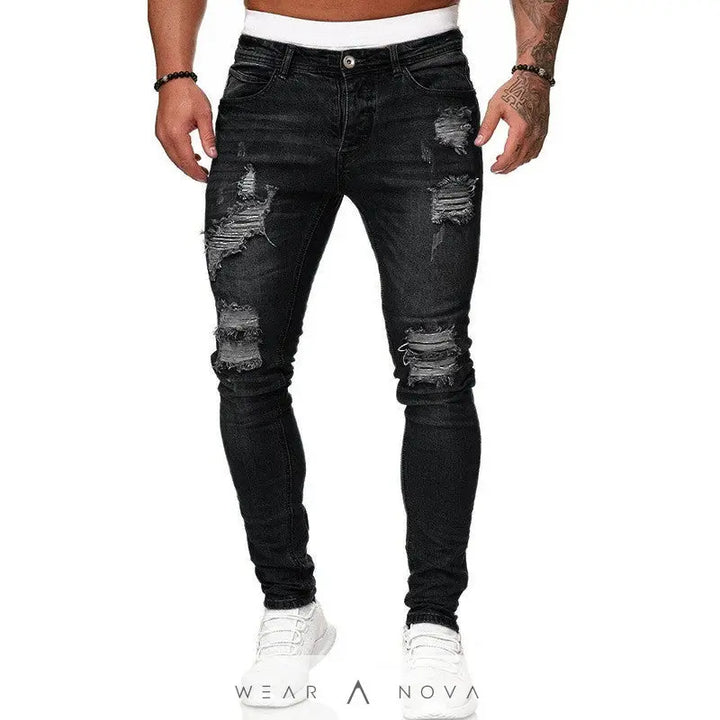Fashion Street Style Ripped Skinny Jeans Men Vintage Wash Solid Denim Trouser Mens Casual Slim Fit Pencil Denim Pants  Jeans Man 
