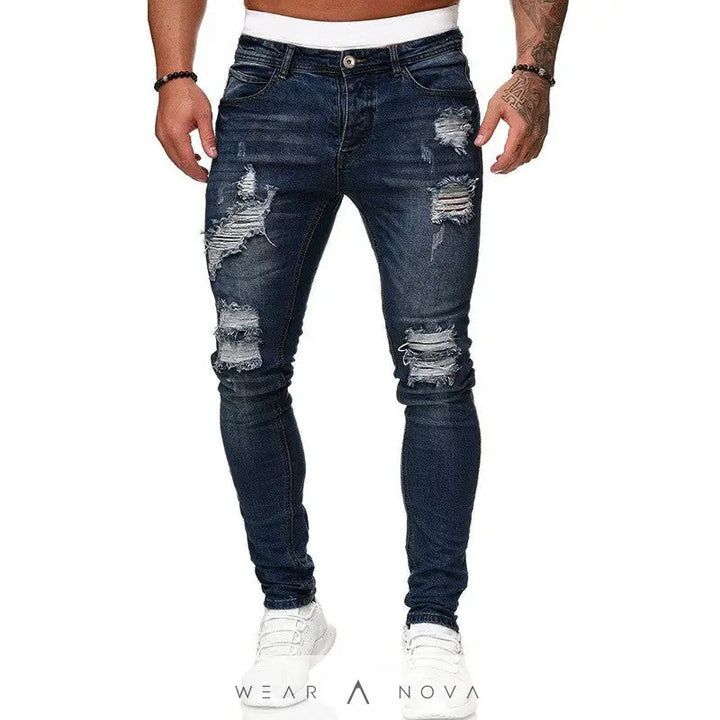 Fashion Street Style Ripped Skinny Jeans Men Vintage Wash Solid Denim Trouser Mens Casual Slim Fit Pencil Denim Pants  Jeans Man 