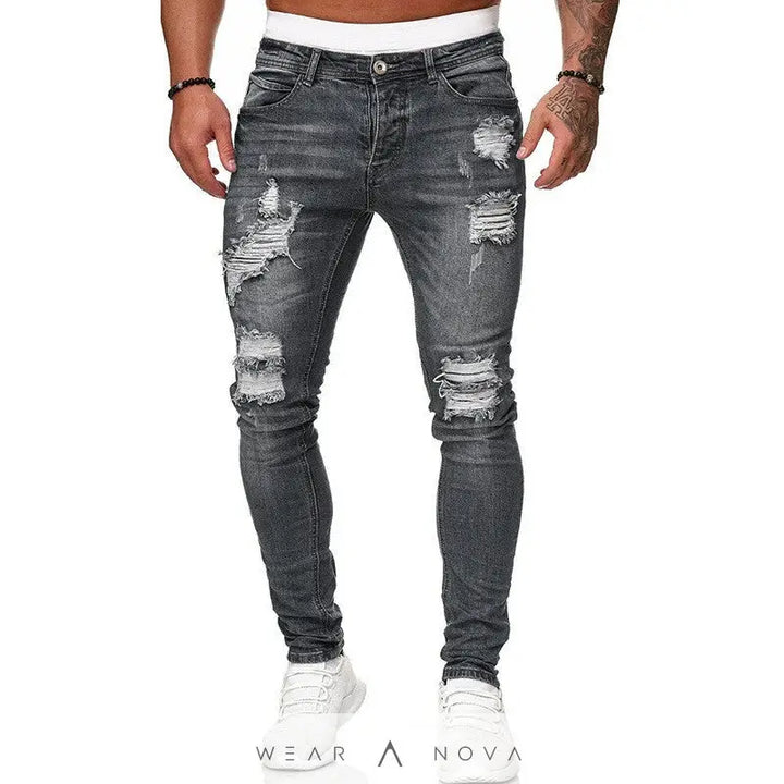 Fashion Street Style Ripped Skinny Jeans Men Vintage Wash Solid Denim Trouser Mens Casual Slim Fit Pencil Denim Pants  Jeans Man 