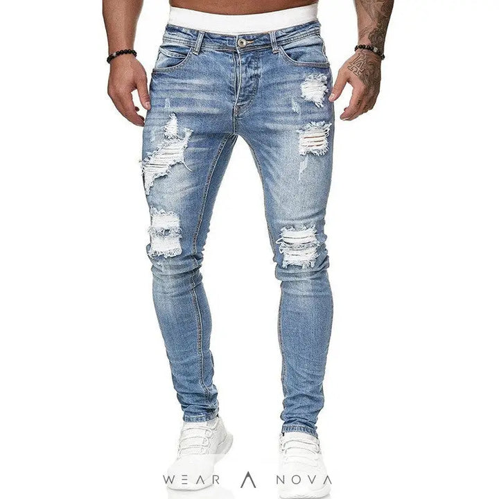 Fashion Street Style Ripped Skinny Jeans Men Vintage Wash Solid Denim Trouser Mens Casual Slim Fit Pencil Denim Pants  Jeans Man 