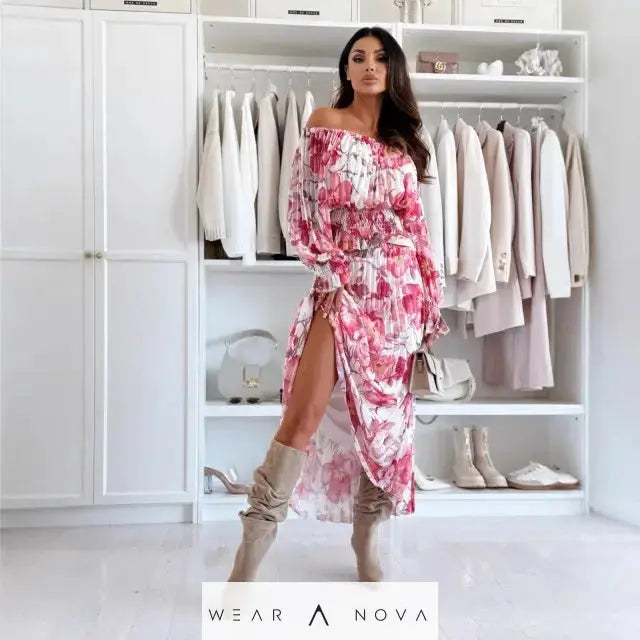 Fashion Floral-print Off-shoulder Long Sleeve Pleated Skirt Suit - WearaNova
