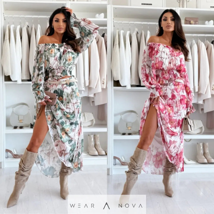Floral-print Suit Off-shoulder Long Sleeve Pleated Skirt Suit  Dress 