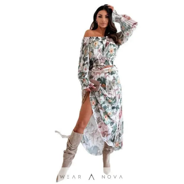 Fashion Floral-print Off-shoulder Long Sleeve Pleated Skirt Suit - WearaNova
