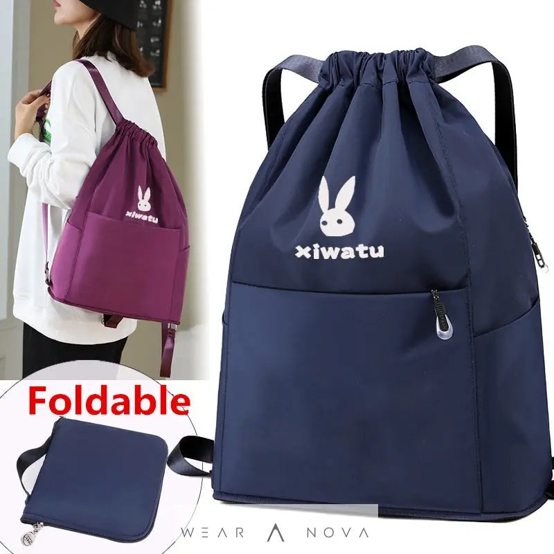 Foldable Nylon Drawstring Bag with backpack straps and drawstring closure folded compact portable lightweight nylon