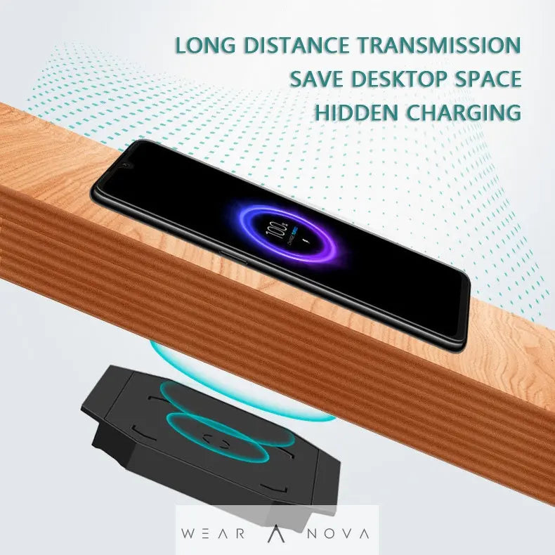 Hidden wireless long-distance desktop charger installed under desk with 1.5m USB cord alignment sticker and cooling fan option