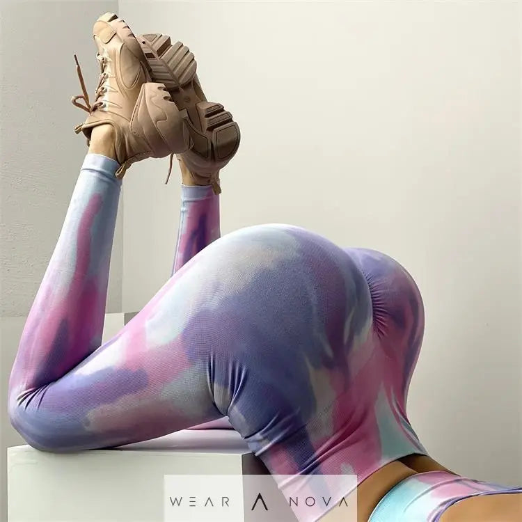 High Rise Tummy Control Scrunch Leggings with strap detail tie-dyed blue orange