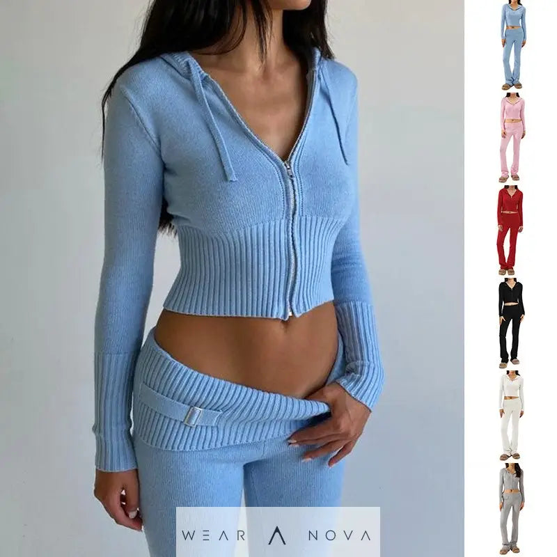 Hoodie Suit Women Leisure Sexy Zip Long Sleeve Sweater And High Waist Long Pants Set - WearaNova