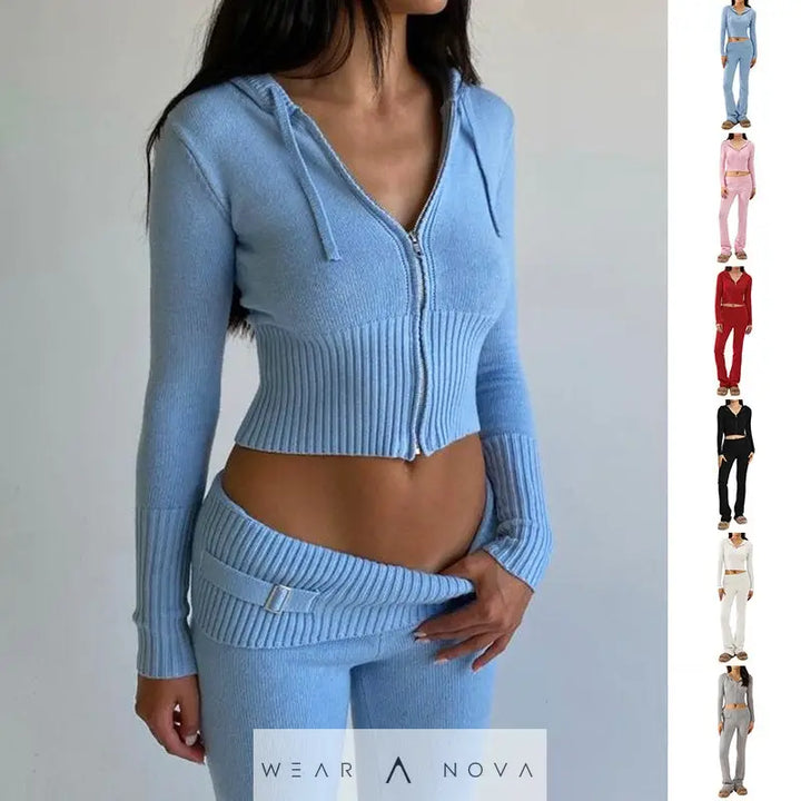 Hoodie Suit Women Leisure Sexy Zip Long Sleeve Sweater And High Waist Long Pants Set - WearaNova