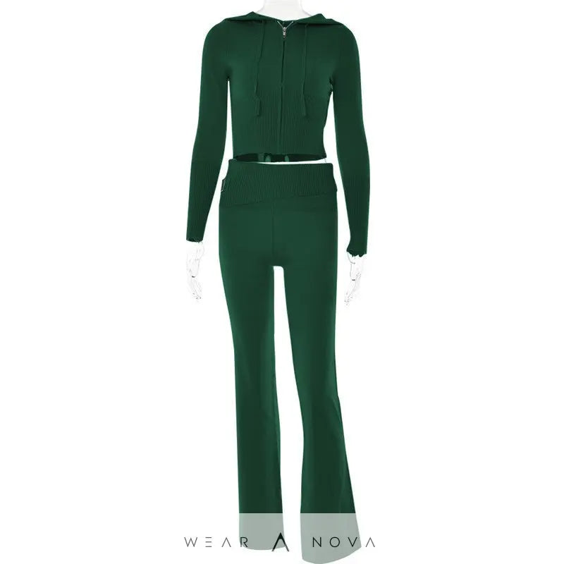 Hoodie Suit Women Leisure Sexy Zip Long Sleeve Sweater And High Waist Long Pants Set - WearaNova