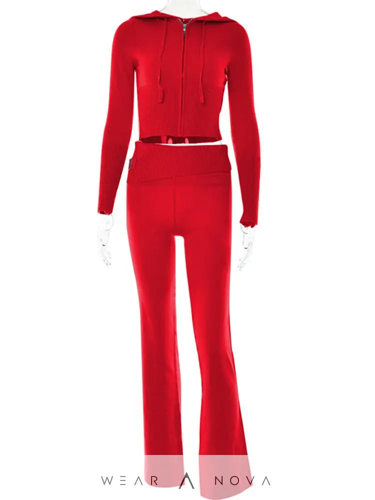 Hoodie Suit Women Leisure Sexy Zip Long Sleeve Sweater And High Waist Long Pants Set - WearaNova