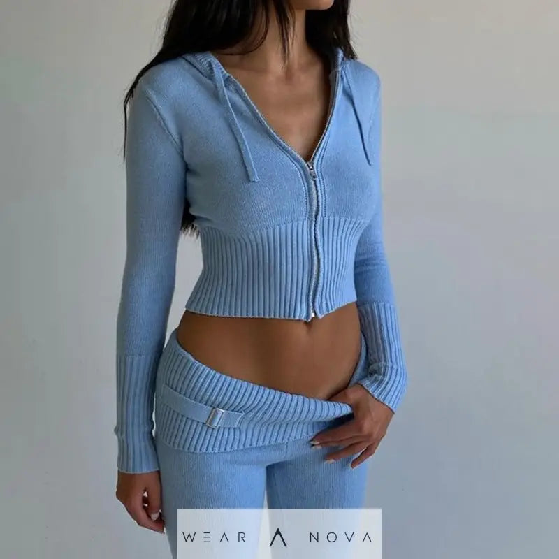 Hoodie Suit Women Leisure Sexy Zip Long Sleeve Sweater And High Waist Long Pants Set - WearaNova