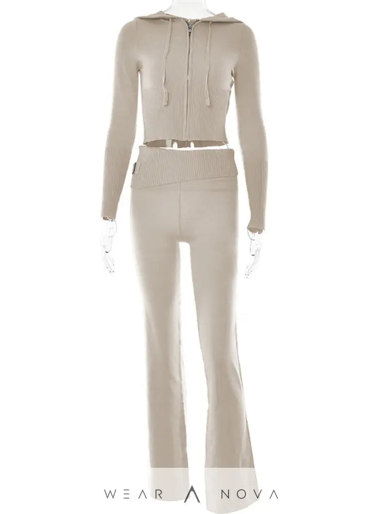 Hoodie Suit Women Leisure Sexy Zip Long Sleeve Sweater And High Waist Long Pants Set - WearaNova