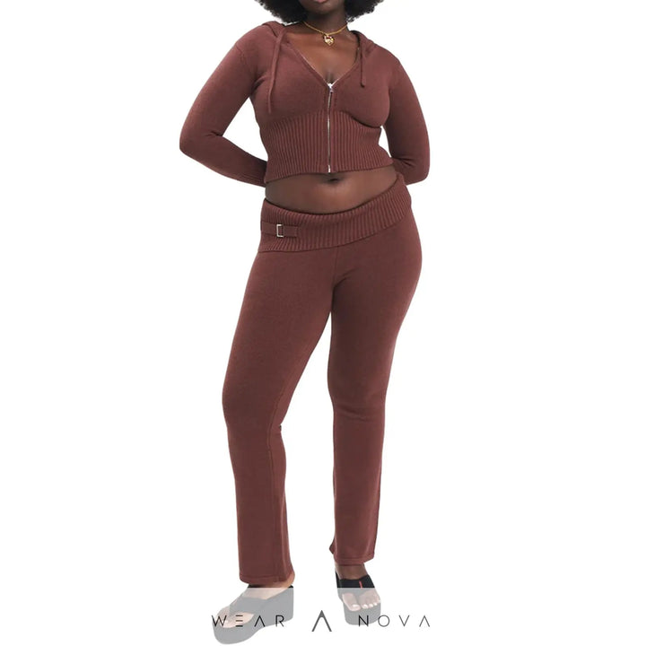 Hoodie Suit Women Leisure Sexy Zip Long Sleeve Sweater And High Waist Long Pants Set - WearaNova