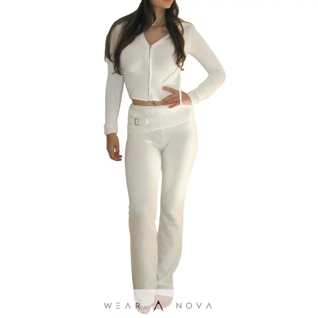 Hoodie Suit Women Leisure Sexy Zip Long Sleeve Sweater And High Waist Long Pants Set - WearaNova