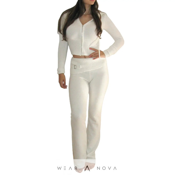 Hoodie Suit Women Leisure Sexy Zip Long Sleeve Sweater And High Waist Long Pants Set - WearaNova