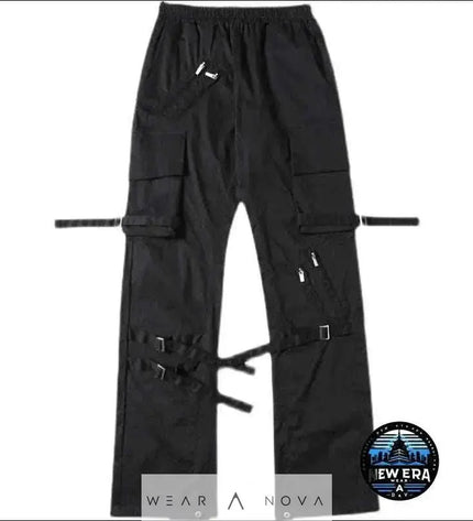 Men's Black Double Webbing Pants with Zipper and Adjustable Fit  Pants Black-XL