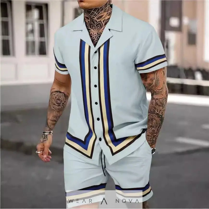 Men's Cuban collar shirt and shorts set 90% polyester short-sleeve open collar matching shorts multiple color options