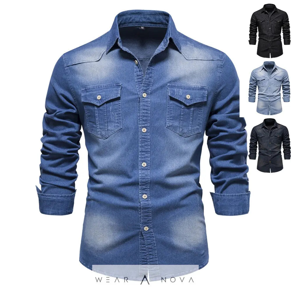 Men's Long-sleeved Denim Shirt Casual Solid Button Slim Tops Clothing  Camicia uomo 