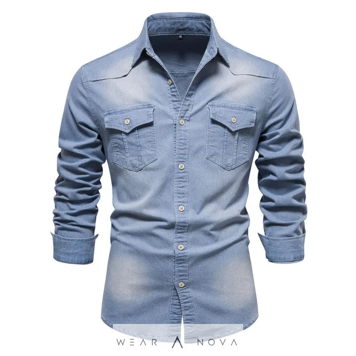Men's Long-sleeved Denim Shirt Casual Solid Button Slim Tops Clothing  Camicia uomo 