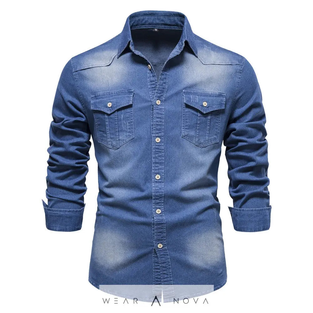 Men's Long-sleeved Denim Shirt Casual Solid Button Slim Tops Clothing  Camicia uomo 