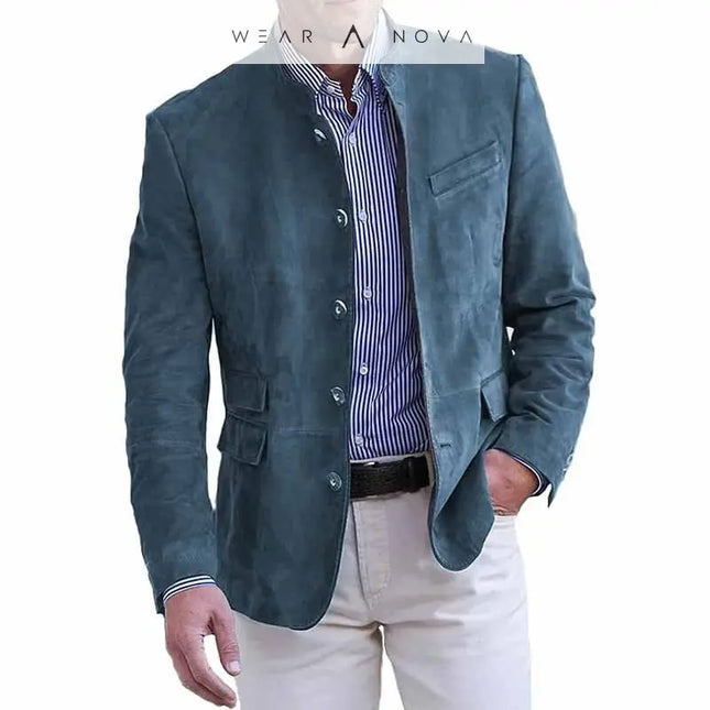 Men's Suit  Corduroy - Elegant Blue, Mandarin Collar, Suede Finish  Men's Corduroy Suit