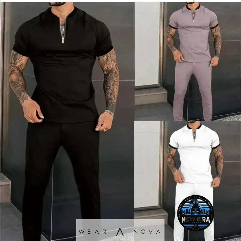 Men's Tailored Short-Sleeve Suit with Stylish Zipper Design  Pants&t-shirt 